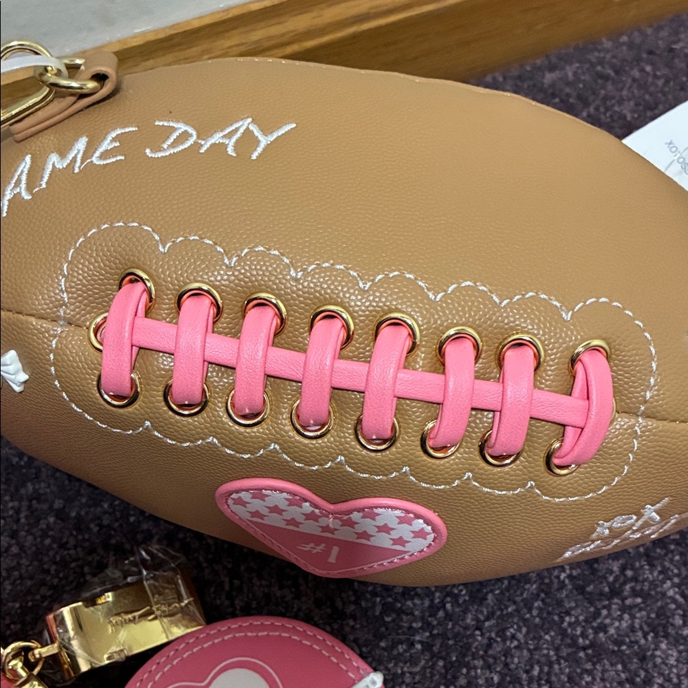 Viral Betsey Johnson Brown and Pink Football Bag w Keychain NWT - Picture 3 of 7